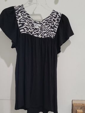 Celeb Couture Black Blouse with Black-and-White Leopard Yoke